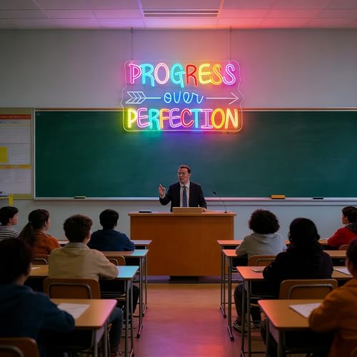 Image of Progress Over Perfection Neon Sign, LED Neon Light Signs for Wall Decor Dimmable Inspirational LED Light Up Sign for Classroom Office Bedroom Library Study Room Kids Room Decorations