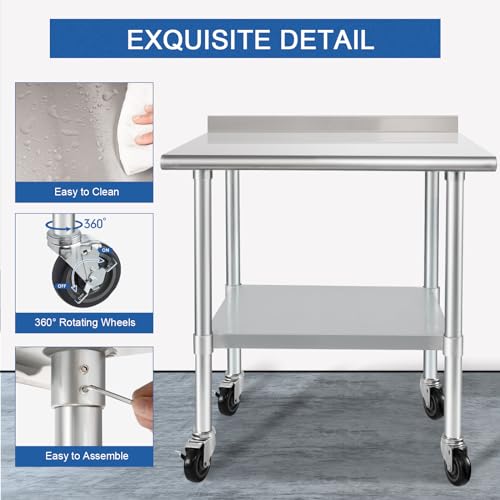 Image of HARDURA Stainless Steel Table 30 x 36 Inches with Wheels Casters NSF Heavy Duty Commercial Prep Table with 2 inch Backsplash and Adjustable Undershelf for Restaurant Kitchen Home and Hotel