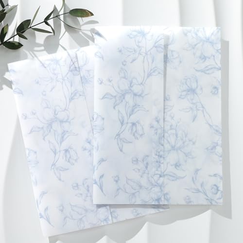 UNIQOOO 100 Pack Pre-Folded Dusty Blue Grace Bloom Vellum Jackets for 5x7 Invitations 115GSM Transparent Vellum Jacket for Vintage Themed Wedding & Events