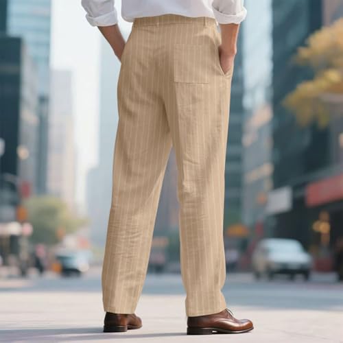 Mens Work Pants Striped Button Elastic Waist Lightweight Casual Relaxed Fit Yoga Beach Linen Pants Business Trousers3