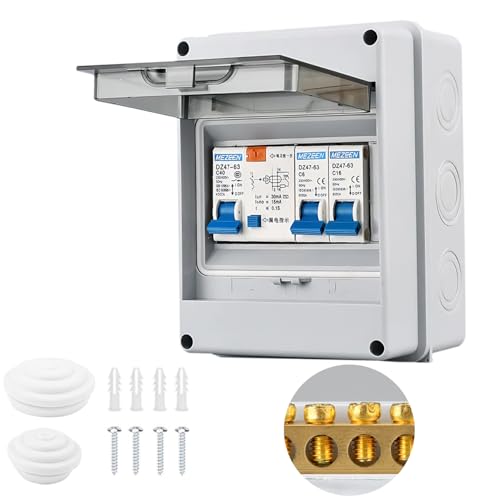 2 Way Consumer Unit Circuit Breaker, IP65 Protection 2 Way Power Distribution Box for Garages, Caravans, Workshops, Villas, Planting Bases, Leakage Short Circuit Protection