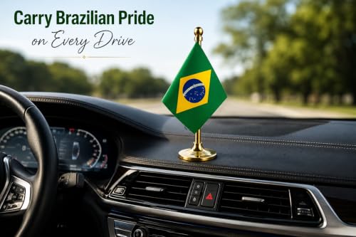 Image of The Flag Company Country flag for car dashboard | 2x3 Inch Flag with Elegant Golden Base & Pole | Car Dashboard Flag (Brazil)