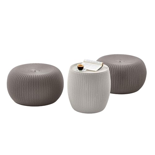 KETER Urban Knit Pouf Ottoman Set of 2 with Storage Table for Patio and Room Décor-Perfect for...