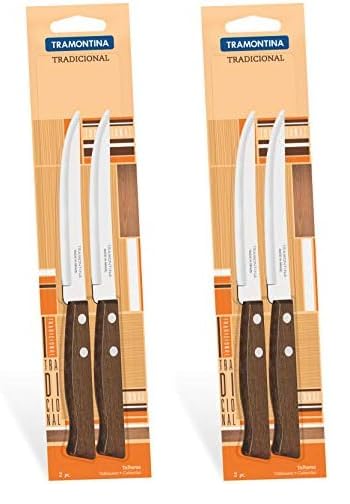 Tramontina Tradicional 2 Pieces 5 Inches Steak Knife Set with Plain Edge Stainless Steel Blade and Natural Wood Handle (Pack of 2)