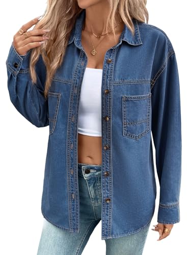 Sidefeel Women Denim Shirts Long Sleeve Button Down Blouse V Neck Trendy Denim Tops Blue X-Large
