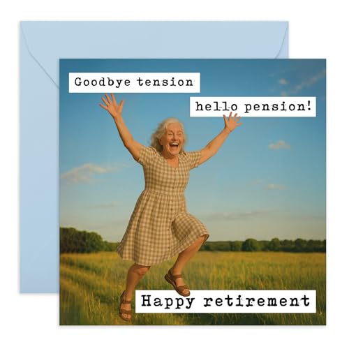 Funny Retirement Card for Her – “Goodbye Tension, Hello Pension!” – Humorous Leaving Card for Colleague, Friend, Mum, Dad, Joyful Woman Jumping in Field – Happily Retiring - Comes with Stickers
