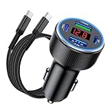 USB C Car Charger With Cable, 78W 4 Port Car Charger Adapter with Voltmeter Car Phone Charger Cigarette Lighter USB Charger Fast Charging for iPhone 16/15/14/13/12, Samsung Galaxy, iPad