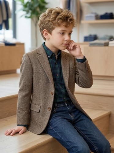 Image of Tweed Herringbone Boys Blazer Classic Jacket for Kids Casual Sport Coat | Wrinkle-resistant for easy care. Soft breathable fabric delivers comfy wear, classic pattern fits all formal events.