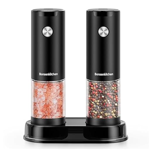 Bonsenkitchen Electric Salt and Pepper Grinder Set, 2 Pack Kitchen Automatic Salt & Pepper Mill Shakers with Adjustable Coarseness, Storage Base, 95ml Large Capacity, Battery Operated(Not Included)