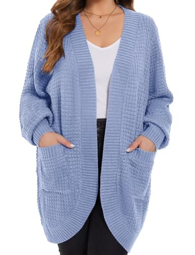 MONNURO Womens Plus Size Open Front Cardigan Waffle Knit Long Sleeve Sweaters Tops Fall Coat Outerwear with Pockets(Light Blue,2X)2