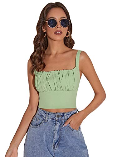 Romwe Women s Ruched Bust Sleeveless Square Neck Shirred Cami Crop Tops Camisole Mint Green M
