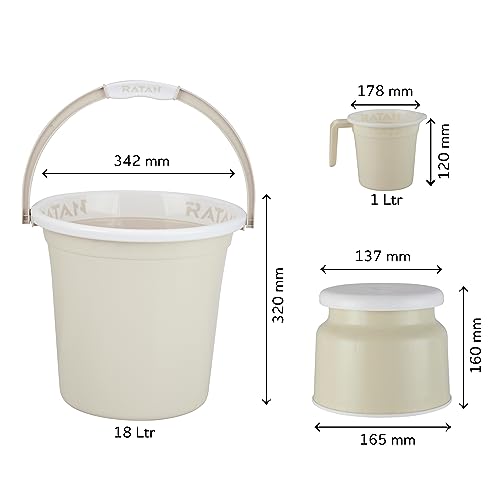 Image of RATAN PLASTICWARE Plastic Bathroom Set of 5 Pieces Combo Pack Gloria Plain 18 Liters 2 Pieces Bucket + Nova Stool Patla 107 + Two Gloria Plain Bath Mug 1 Liter Color Twist Beige