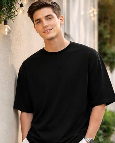 Image of BARKEYO Men's Half Sleeve Round Neck French Terry Oversized Drop Shoulder T-Shirt for Men