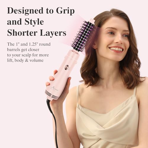 Image of Aima Beauty Blow Dryer Brush Set - 4-in-1 Round Brush Blow Dryer Adds Shine, Smooth, Curl & Volume for Short to Medium Hair, Interchangeable 1 inch & 1.25 inch Round Barrel, Ionic Frizz Control, Pink