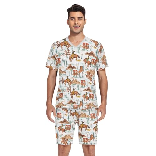 Men's Pajama Set Summer Short Sleeve Western Cowboy Loungewear 2 Piece Sleepwear Set with Pockets4