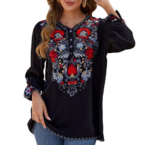 Womens Embroidered Tops Fall Shirts Long Sleeve Casual Mexican Blouses Loose Peasant Tunic Trendy Clothes2