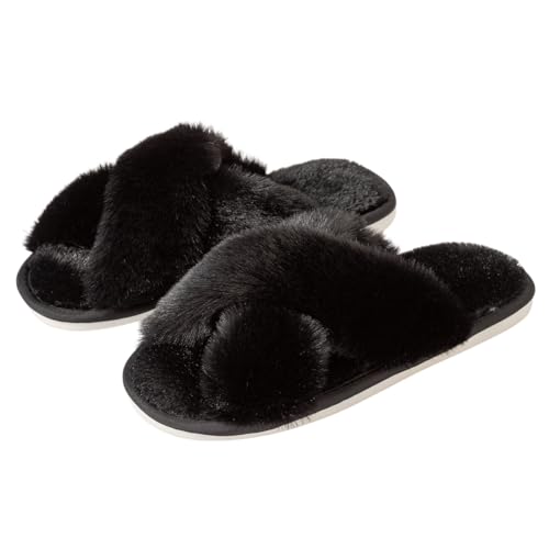 Image of Enteer Women's Slipper Memory Foam Cross Band Fuzzy Slippers Open Toe Cozy House Slippers Cozy Plush Bedroom Indoor Outdoor