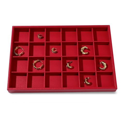 Leather Jewelry Trays 24 Grids Earrings Tray Jewelry Display Tray Stackable Ring Earring Organizer Tray Jewelry Trays For Drawers Rings Earrings Holder (Red)