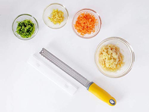 Image of Baskety Professional Lemon Zester & Cheese Grater Dishwasher Safe Heavy-Duty Stainless Steel Blade for Extra-Fine Flakes Hard & Soft Cheeses,Veggies,Fruits,Roots,Spices,Chocolates (Yellow)