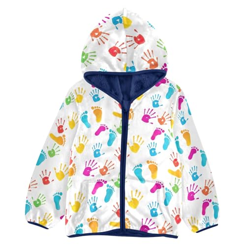 CHIFIGNO Colorful Handprints Footprints Kids Polar Fleece Lined Sweatshirt Jacket, Winter Jacket for Boys with Hooded 3T