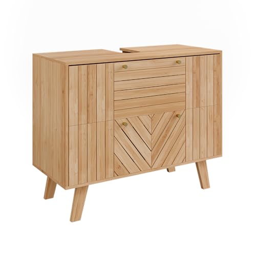 Vicco Meuble sous Vasque Simple Lucie, Bambou, 80x65cm avec 2 tiroirs, Convient au Rangement Peu encombrant des Accessoires de Salle de Bain