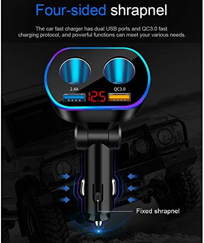 AGEK Car Charger Cigarette Lighter Splitter,120W Quick Charge 3.0 Dual USB Car Charger 12/24V Sockets Splitter LED Voltage Display Power Adapter Fast Charging For Mobile Phone GPS Dash Cam and More