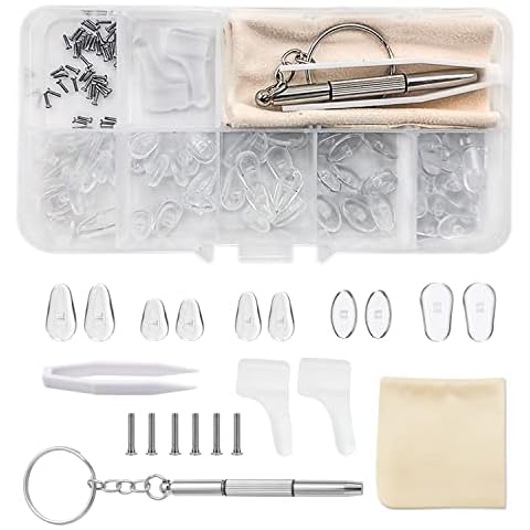 iTGOOS Spectacle Repair Kit,25 Pairs Silicone Screw-in Nose Pads,Nose Pads Silicone 5 Styles,Eyeglasses Nose Pads Set with Screws Tweezer Cleaning Cloth Ear Hooks for Most Eyeglasses Cover