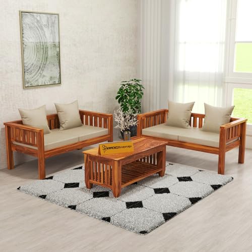 Image of Sheesham Wood 4 Seater Low Height Sofa Set with Coffee Table for Living Room | 4 Seater Sofa Set | Wooden Sofa Set | Beige Cushion (2+2, Honey Finish)