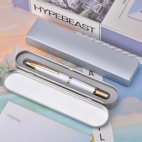 Image of Jinhao 10 Press Fountain Pen with Box, Pearl White Retractable Extra Fine Nib with Ink Converter Set (Golden Clip)