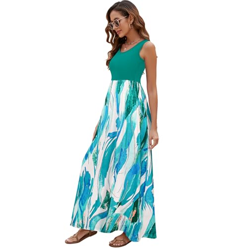 Image of Sherosa Women Boho Chevron Striped Floral Printed Summer Sleeveless Tank Long Maxi Party Dress
