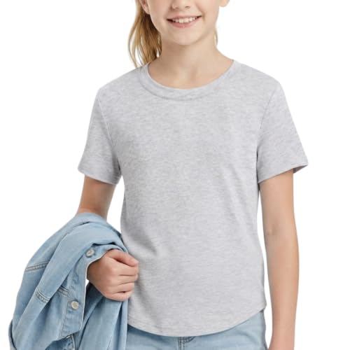 Image of WELAKEN Girls Soft T-Shirt with Curved Hem, Breathable Stretchy Rayon Crewneck Short Sleeve Tees, Kids Everyday Basic Top