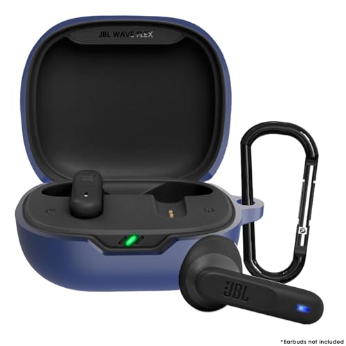 Image of Sounce Earphone Case Cover Compatible for JBL Wave Flex, Soft Silicone Skin Case Cover Shock-Absorbing Protective Case with Keychain [Front LED Visible] - Blue