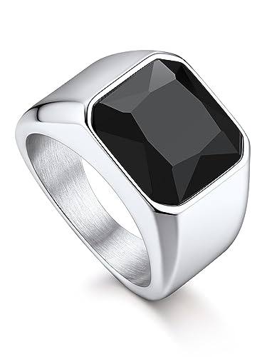 Materiale - L'anello con sigillo è realizzato in acciaio inossidabile. La pietra principale dell'anello è un onice sintetico nero quadrato nel taglio e incastonato su di esso. L'anello è delicato sulla pelle e comodo da indossare.