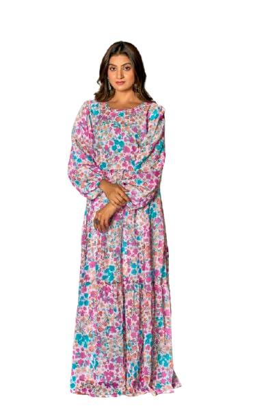 Multicolor Georgette Fabric with Crepe Lining for no Transparency Gown Gathering Pattern Floral Print Bishop Sleeves with Elastic Cuffs Gown-image-11