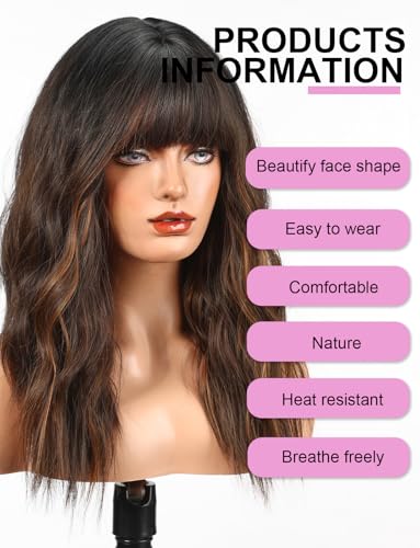 WOKESTAR Long Wig with Fringe Synthetic Wavy Wigs for Women Brown with Highlights Color - Image 4