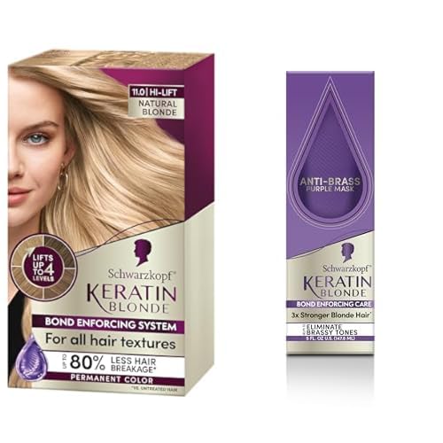 Schwarzkopf Keratin Blonde Hi-Lift Hair Dye, Natural Blonde 11.0 + Anti-Brass Purple Mask