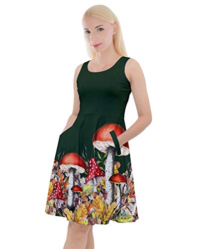 CowCow Womens Mushroom Fall Autumn Leaves Knee Length Skater Dress Pockets-L Dark Green