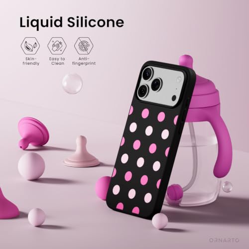 Image of ORNARTO Compatible with iPhone 17 Pro Max Case 6.9 inch, Slim Liquid Silicone 3 Layers Soft Gel Rubber Shockproof Protective Cover with Anti-Scratch Microfiber Lining-Black Pink Polka Dot