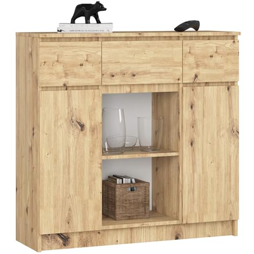 AKORD Kommode K100 mit 3 Schubladen, Schrank mit 2 Tür 6 Regalböden, Für das Wohnzimmer Schlafzimmer, Moderne, 16mm Laminierte Platte, B101xH98xT35 cm, Farbe Artisan-Eiche & Artisan-Eiche AKORD Kommode K100 mit 3 Schubladen, Schrank mit 2 Tür 6 Regalböden, Für das Wohnzimmer Schlafzimmer, Moderne, 16mm Laminierte Platte, B101xH98xT35 cm, Farbe Artisan-Eiche & Artisan-Eiche