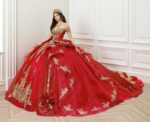 XYAYE Glitter Tulle Quinceanera Dresses with Bow Gold Lace Off Shoulder Sweet 16 Dresses Puffy Beaded Layered 15 Dresses3