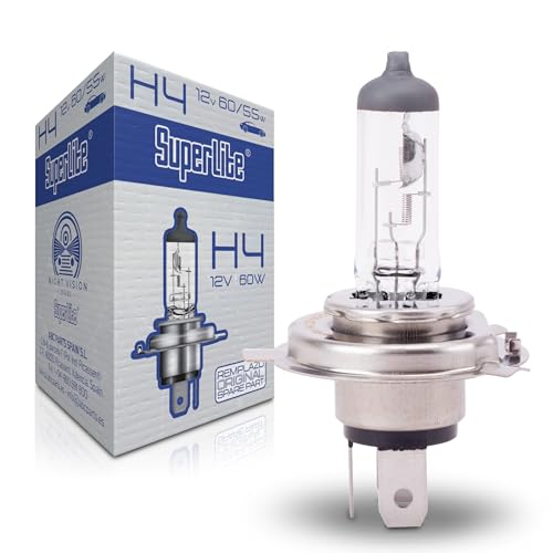 Superlite Bombilla Halógena H4 12V 60/55W Para Faros Principales de la Gama Night Vision. Homologación E1 R37/03 y Certificación RoHs y CE. Durabilidad y Luminosidad Excepcional.