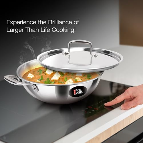 Image of Milton Pro Cook Induction Cookware & Gas Stove Friendly Triply Stainless Steel Kadhai with Lid 36 cm /9.8 Litre | 3-Layer Thick Base | Even Heat | Less Oil Healthy Cooking | Deep Fry | 3Y Warranty