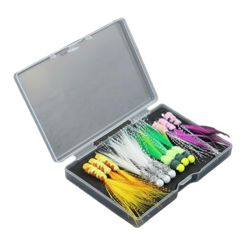 NEIQIUWING 12 cabezas de anzuelo con plumas brillantes de seda, ojos 3D