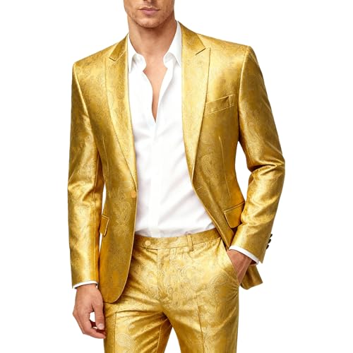 Cloudstyle Mens 2 Piece Paisley Dress Suit One Button Party Wedding Blazer Pants Sets Golden