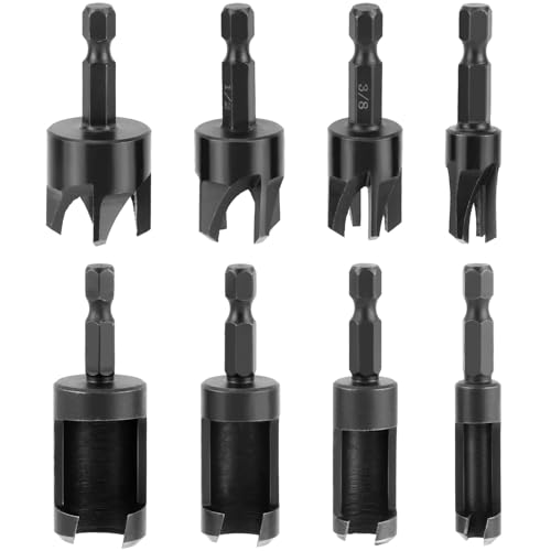 QWORK Wood Plug Cutter Drill Bit Set, 8Pcs, Includes 1/4