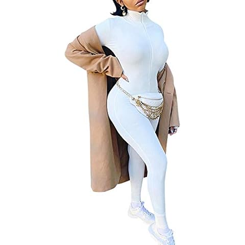 Glamaker Women's One Piece Zip Up Bodycon Jumpsuit Sexy Long Sleeve Turtleneck Onesies Rompers Playsuit Clubwear, White, M Cover