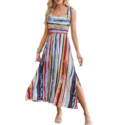 Image of BROVAVE Women Summer Floral Dress: Casual Square Neck Flowy Boho Beach Midi Sundress Sleeveless Tie Shoulder Vacation Daily