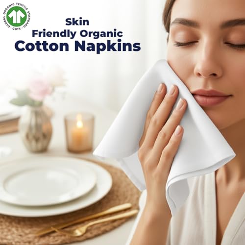LivinEase Cotton Cloth Napkins Set of 12-100% OrganicCotton 46 x 46 cm Reusable Oversized White Dinner Napkins - Hotel Quality Fabric Napkin - Ideal for Home Use & Events