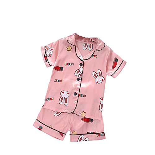 Toddler Girls Short Sleeve Satin 𝐏a𝐣ama Set Cute Bunny print 𝗦ilk 𝐏ajamas Button Down 𝐏𝗝s with Shorts Sl𝐞epwear