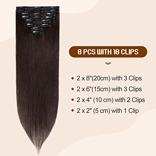 TESS Clip in Hair Extensions Real Human Hair Brown Remy Seamless 8 Pieces Straight Short for Women/Girls (#02 Dark Brown, 08 Inch 45g) - Image 2